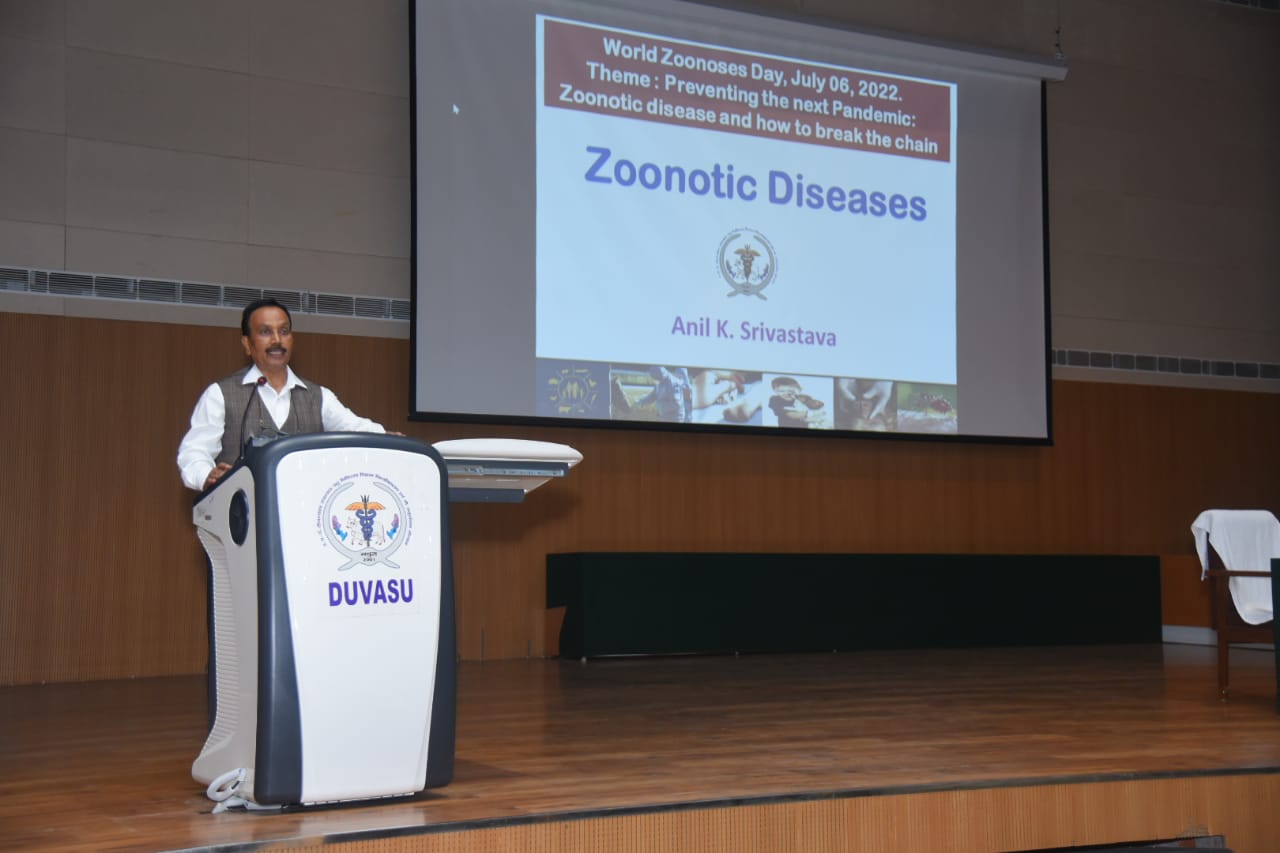 An awareness talk on Zoonoses delivered by Hon’ble Vice Chancellor, Veterinary University, Mathura on World Zoonoses Day 6th July 2022